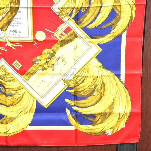 Authentic HERMES Carre 90 Scarf "COMBATS DE COQS" Silk Red Blue - Picture 12 of 16